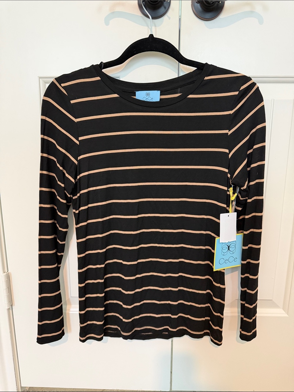 CeCe Black Long-Sleeve Top with Tan Stripes